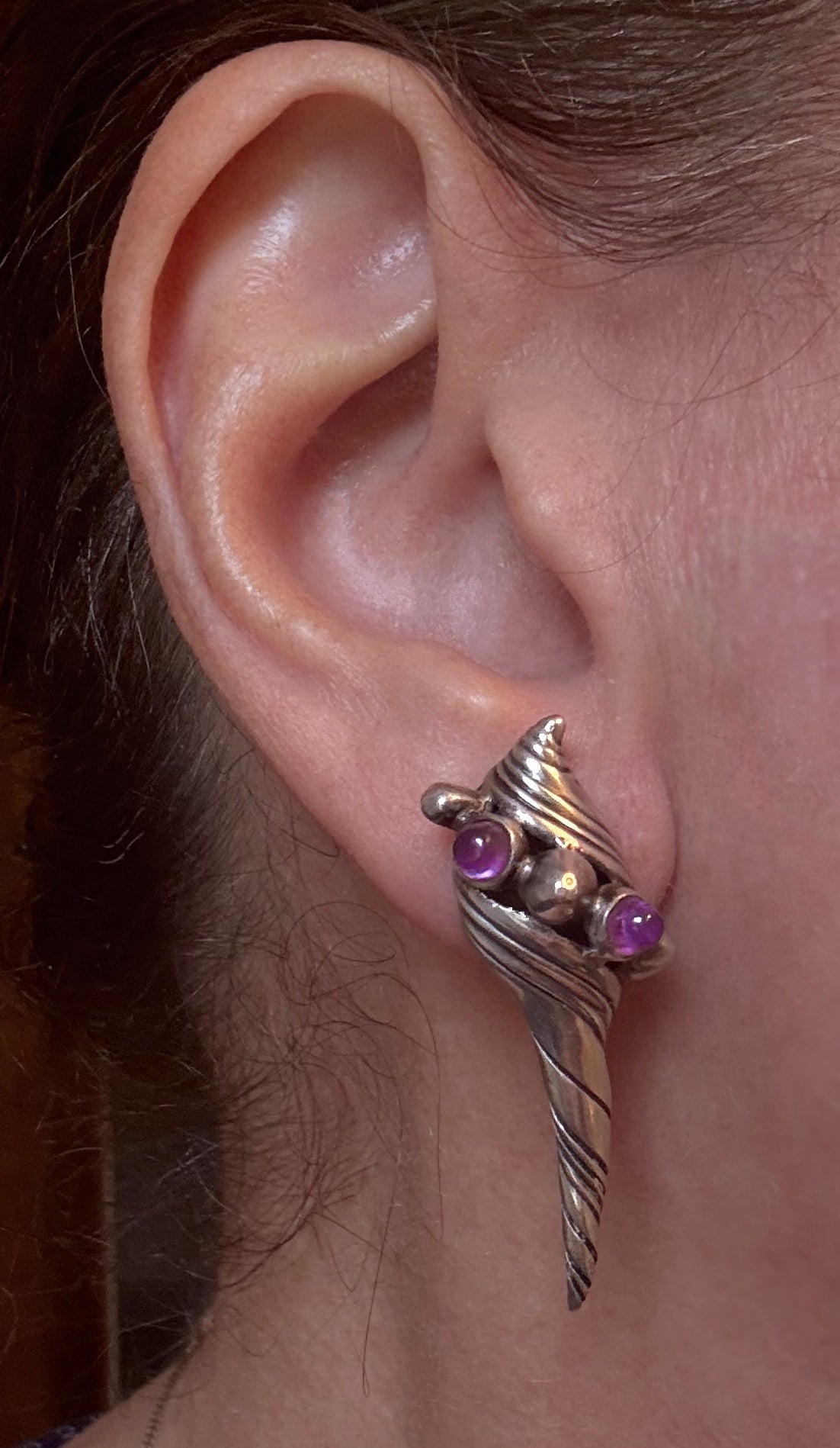 Vintage William Spratling Taxco Sterling Silver Amethyst Shell Earrings – Ex-Phyllis Goddard Estate, 1950s Mexican Silver