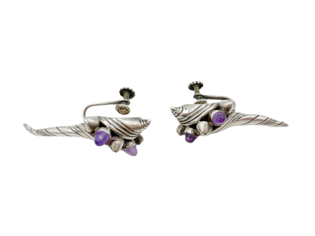 Vintage William Spratling Taxco Sterling Silver Amethyst Shell Earrings – Ex-Phyllis Goddard Estate, 1950s Mexican Silver