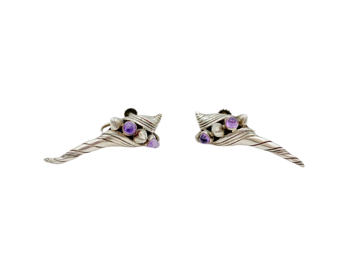 Vintage William Spratling Taxco Sterling Silver Amethyst Shell Earrings – Ex-Phyllis Goddard Estate, 1950s Mexican Silver
