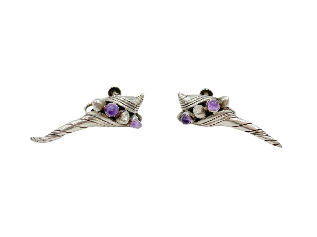 Vintage William Spratling Taxco Sterling Silver Amethyst Shell Earrings – Ex-Phyllis Goddard Estate, 1950s Mexican Silver