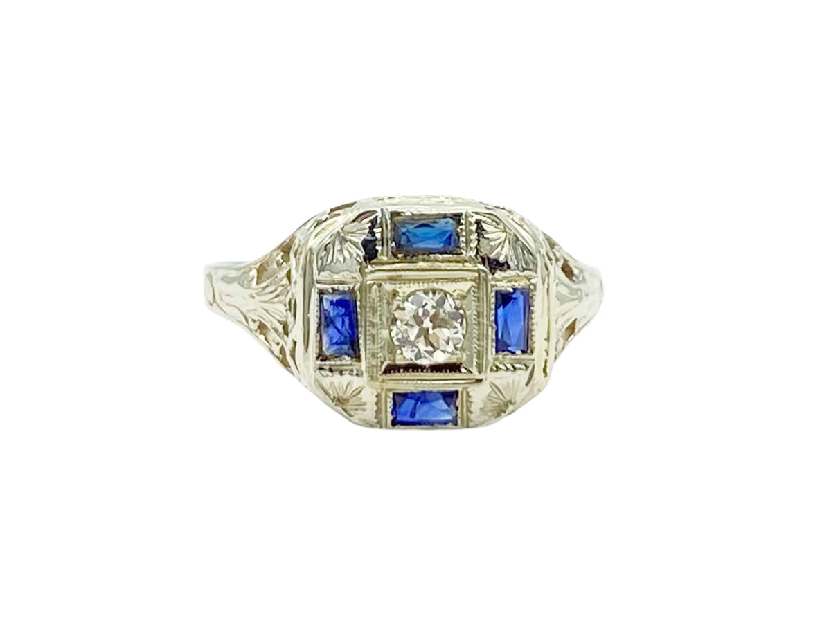 Stange Co. Antique Blue Sapphire Diamond White Gold Art Deco Circa 1920s Cocktail Ring - Moontide Vintage