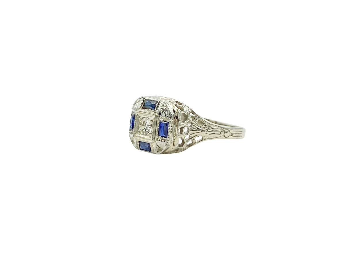 Stange Co. Antique Blue Sapphire Diamond White Gold Art Deco Circa 1920s Cocktail Ring - Moontide Vintage