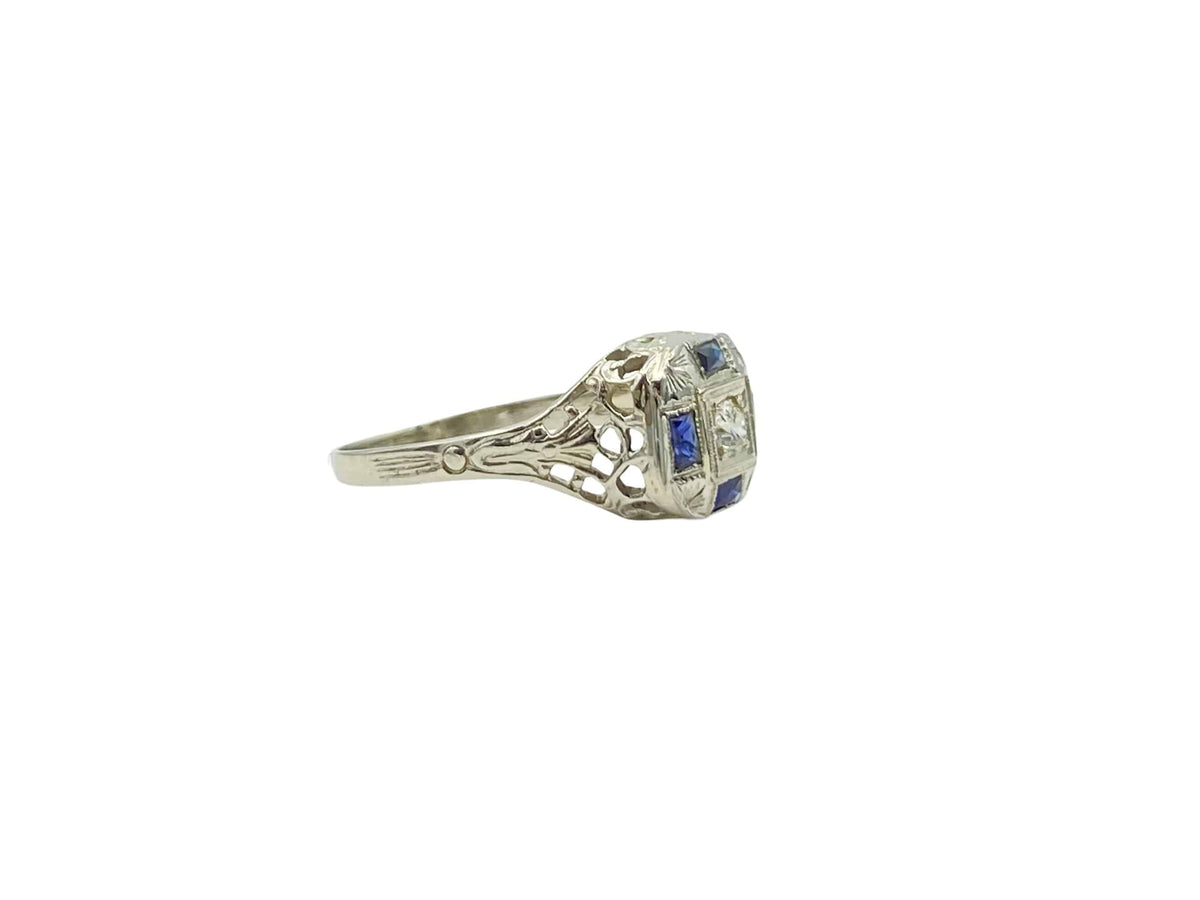 Stange Co. Antique Blue Sapphire Diamond White Gold Art Deco Circa 1920s Cocktail Ring - Moontide Vintage