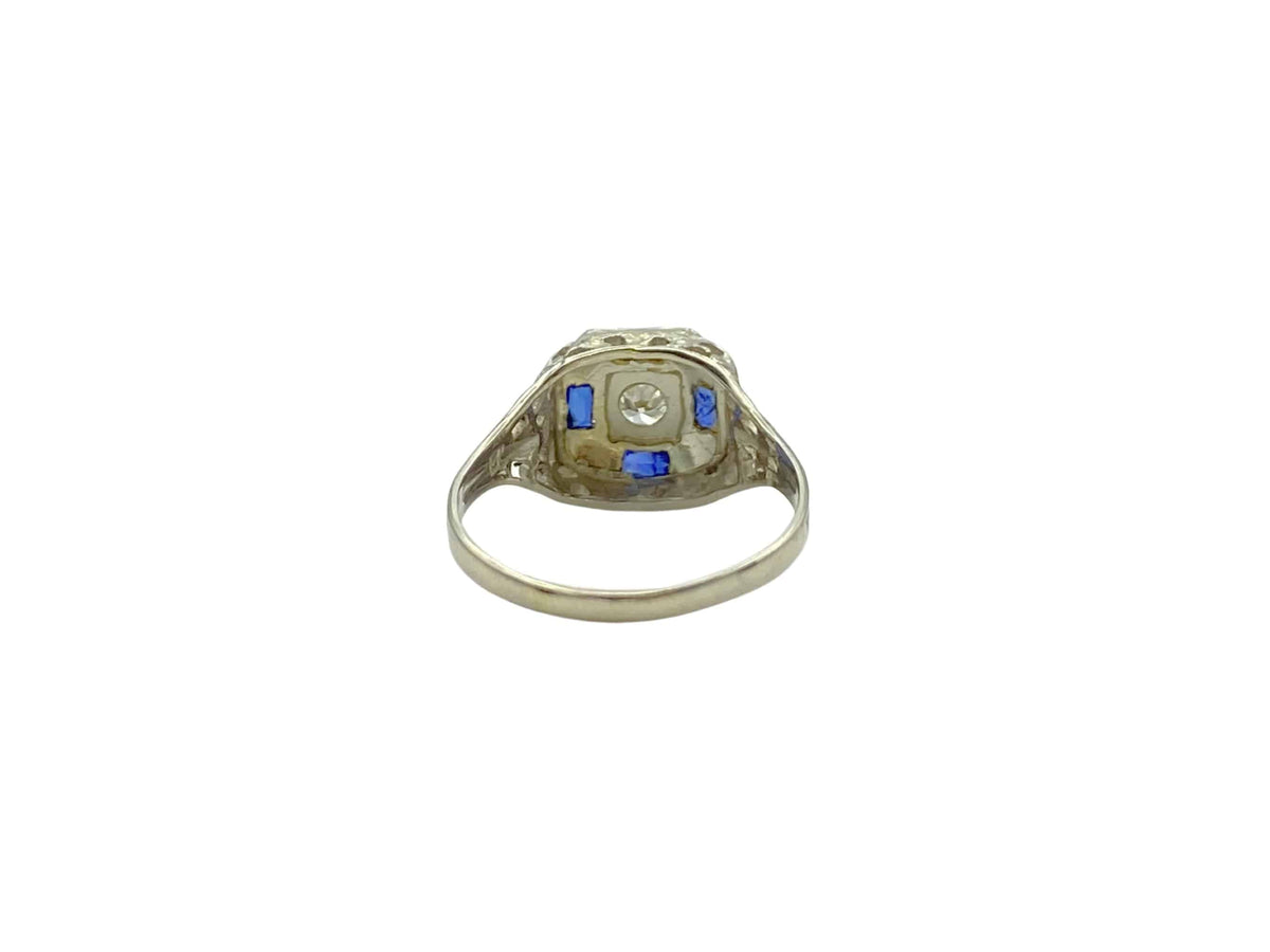 Stange Co. Antique Blue Sapphire Diamond White Gold Art Deco Circa 1920s Cocktail Ring - Moontide Vintage