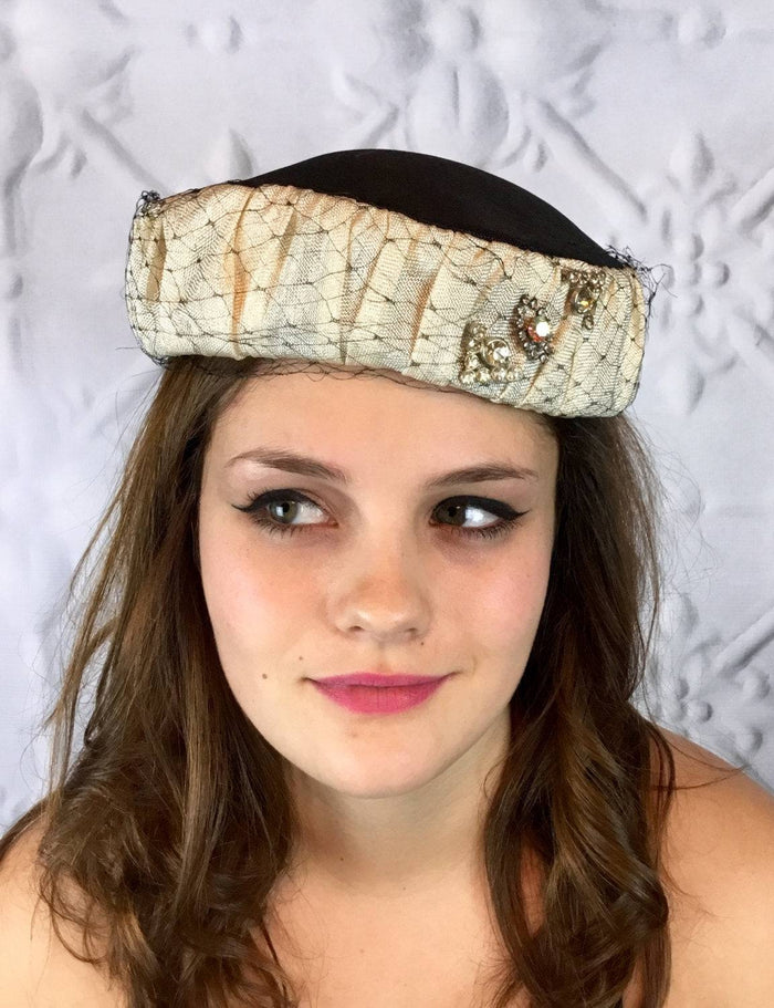 Vintage 1950s Rhinestone Pillbox Black and Ivory Hat with Netting Overlay - Moontide Vintage